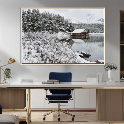 29975-MGV-CV-36X24-Winter Cabin by the Lake Wall Art – Snowy Mountain Landscape Canvas Print, Rustic Lodge Cabin Decor for Cozy Living Room, Bedroom