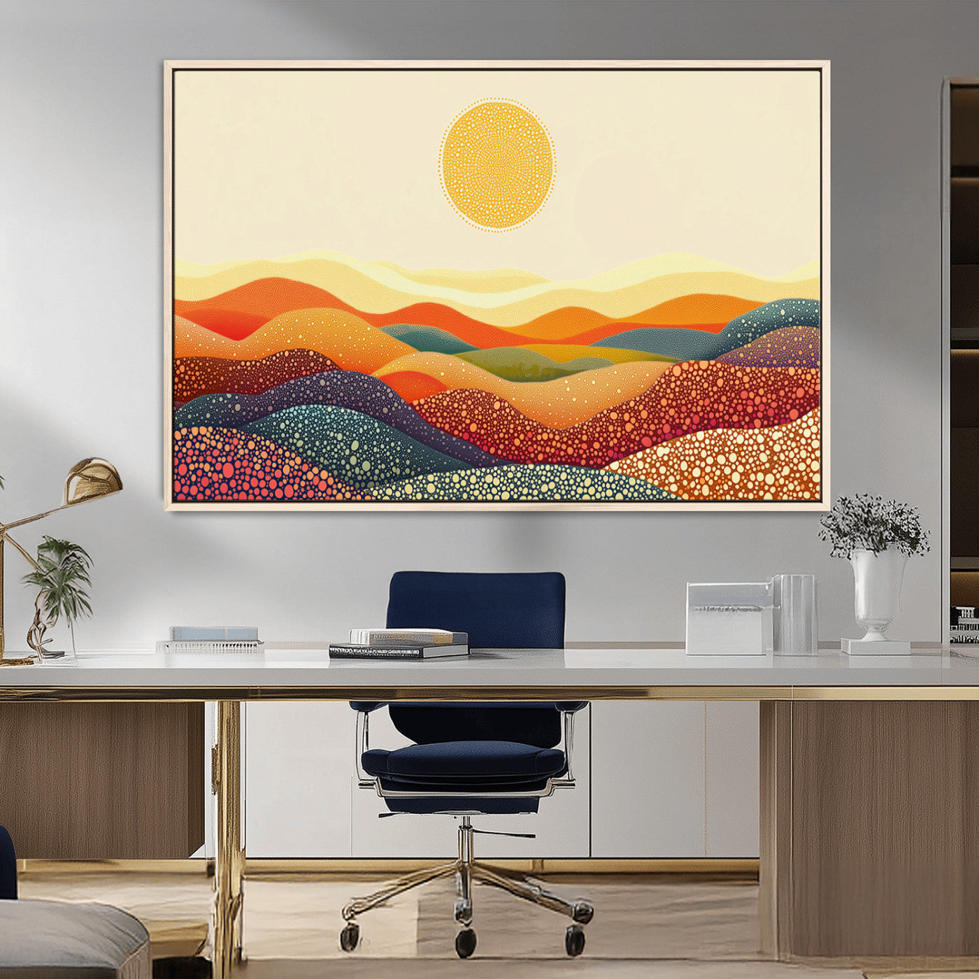 39446-MGV-FC-36X24_Natural-Abstract Sun and Hills Wall Art – Colorful Pointillism Landscape Canvas Print, Modern Geometric Sunset Painting for Living Room,