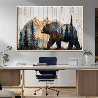 90077-MGV-CV-36X24-Wood Grizzly Bear Wall Art Canvas Print, Framed Abstract Bear Art Picture Print, Bear in Forest Perfect Rustic Lodge Decor Artwork