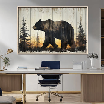 83875-MGV-CV-36X24-Sunset Bear Wall Art – Rustic Wildlife Canvas Print with Forest Silhouette, Cabin Lodge Decor for Living Room or Office