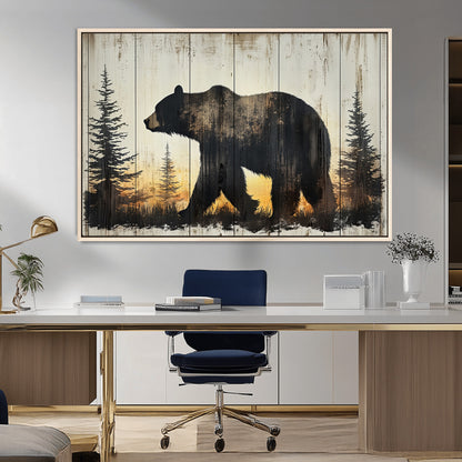 83875-MGV-CV-36X24-Sunset Bear Wall Art – Rustic Wildlife Canvas Print with Forest Silhouette, Cabin Lodge Decor for Living Room or Office