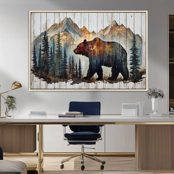 55777-MGV-CV-36X24-Rustic Bear Wall Art Canvas Print, Framed Mountain and Forest Art Picture Print, Wooden Bear Perfect Rustic Lodge Decor Artwork