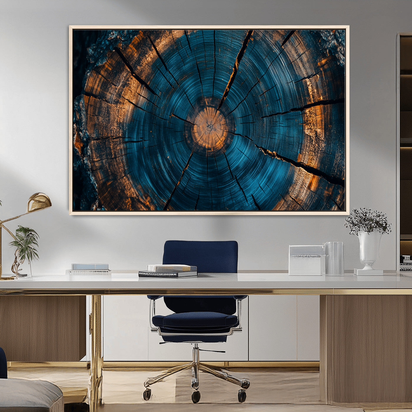 65231-MGV-CV-36X24-Blue and Gold Tree Ring Wall Art – Rustic Abstract Wood Slice Canvas Print, Modern Nature Inspired Artwork for Living Room,