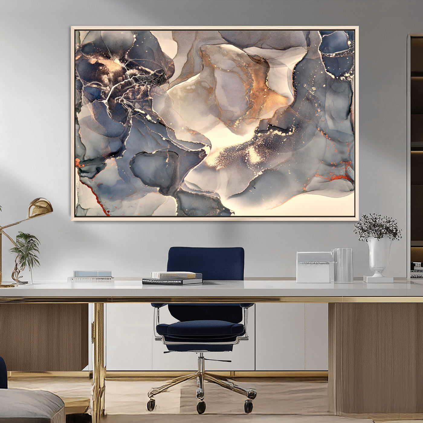 18202-MGV-CV-36X24-Abstract Neutral Wall Art – Blue, Beige and Gold Fluid Ink Canvas Print, Modern Minimalist Painting for Living Room, Office