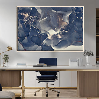 28282-MGV-CV-36X24-Blue Abstract Wall Art – Modern Ink Swirl Canvas Print, Contemporary Navy and Gold Painting for Living Room, Bedroom, Office or