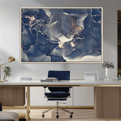 28282-MGV-CV-36X24-Blue Abstract Wall Art – Modern Ink Swirl Canvas Print, Contemporary Navy and Gold Painting for Living Room, Bedroom, Office or