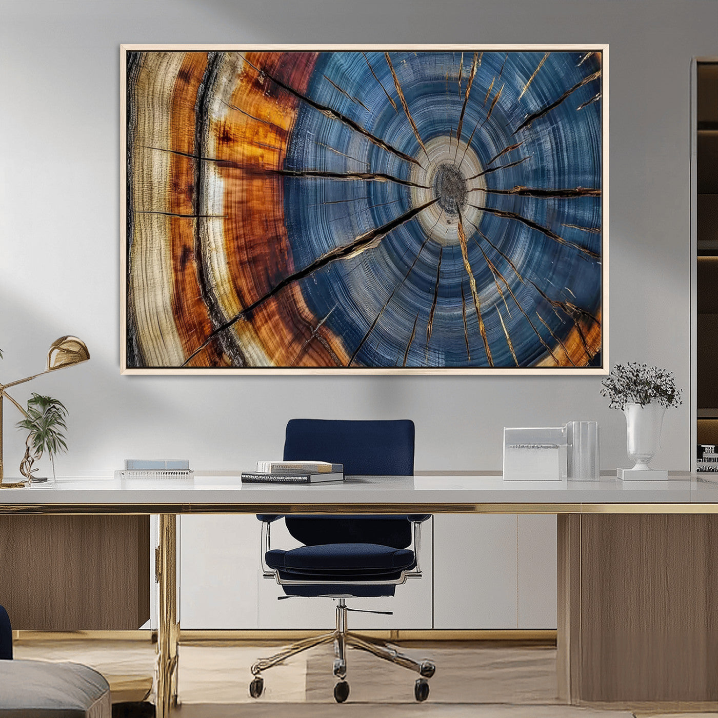10583-MGV-CV-36X24-Tree Ring Wall Art – Abstract Wood Grain Canvas Print with Blue and Brown Tones, Nature Inspired Rustic Artwork for Living Room,