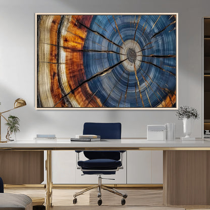 10583-MGV-CV-36X24-Tree Ring Wall Art – Abstract Wood Grain Canvas Print with Blue and Brown Tones, Nature Inspired Rustic Artwork for Living Room,