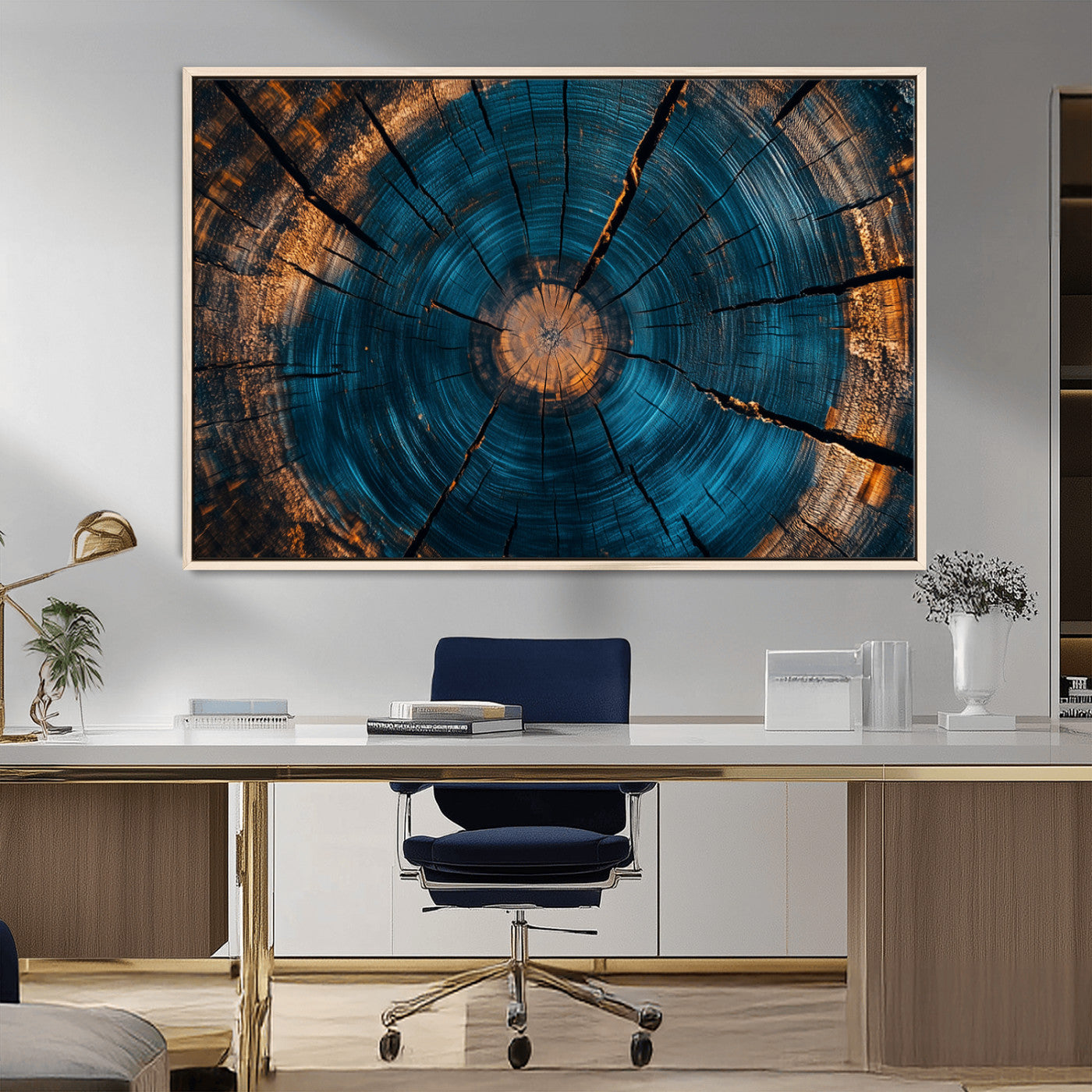 13398-MGV-CV-36X24-Tree Ring Wall Art – Abstract Wood Grain Canvas Print with Blue and Orange Accents, Rustic Nature Inspired Artwork for Living