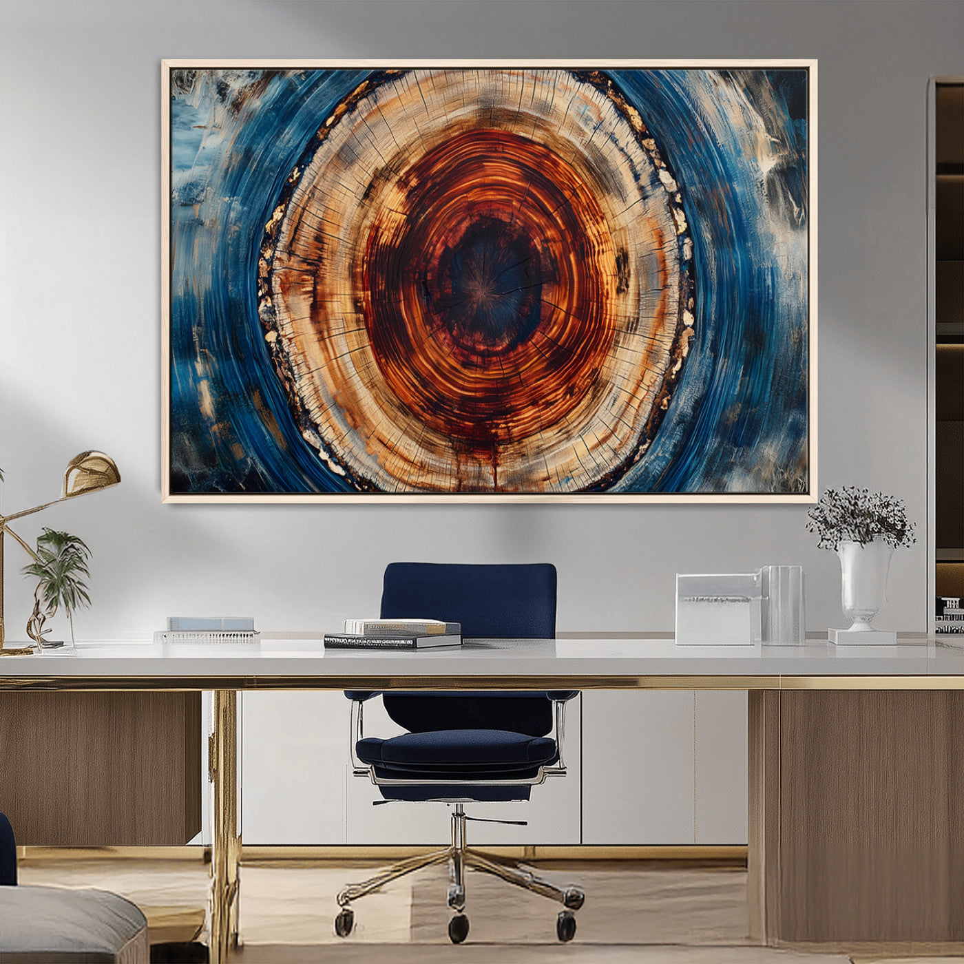 90395-MGV-FC-36X24_Natural-Tree Ring Wall Art – Abstract Wood Grain Canvas Print with Fiery Red and Blue Tones, Bold Rustic Nature Inspired Artwork Decor for