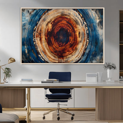 90395-MGV-FC-36X24_Natural-Tree Ring Wall Art – Abstract Wood Grain Canvas Print with Fiery Red and Blue Tones, Bold Rustic Nature Inspired Artwork Decor for