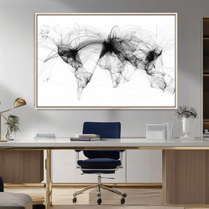 50136-MGV-FC-36X24_Natural-Abstract World Map Wall Art – Black Line Network Canvas Print, Modern Minimalist Global Connections Artwork for Office, Study, or