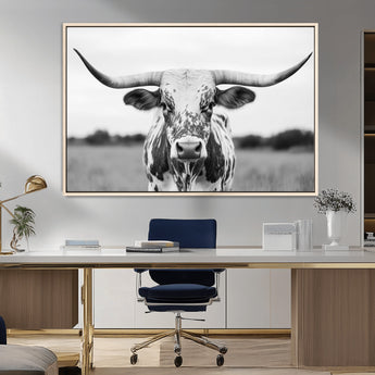 20272-MGV-CV-36X24-Highland Cow Wall Art – Black and White Western Longhorn Canvas Print, Farmhouse Living Room Decor Southwestern Animal Artwork for