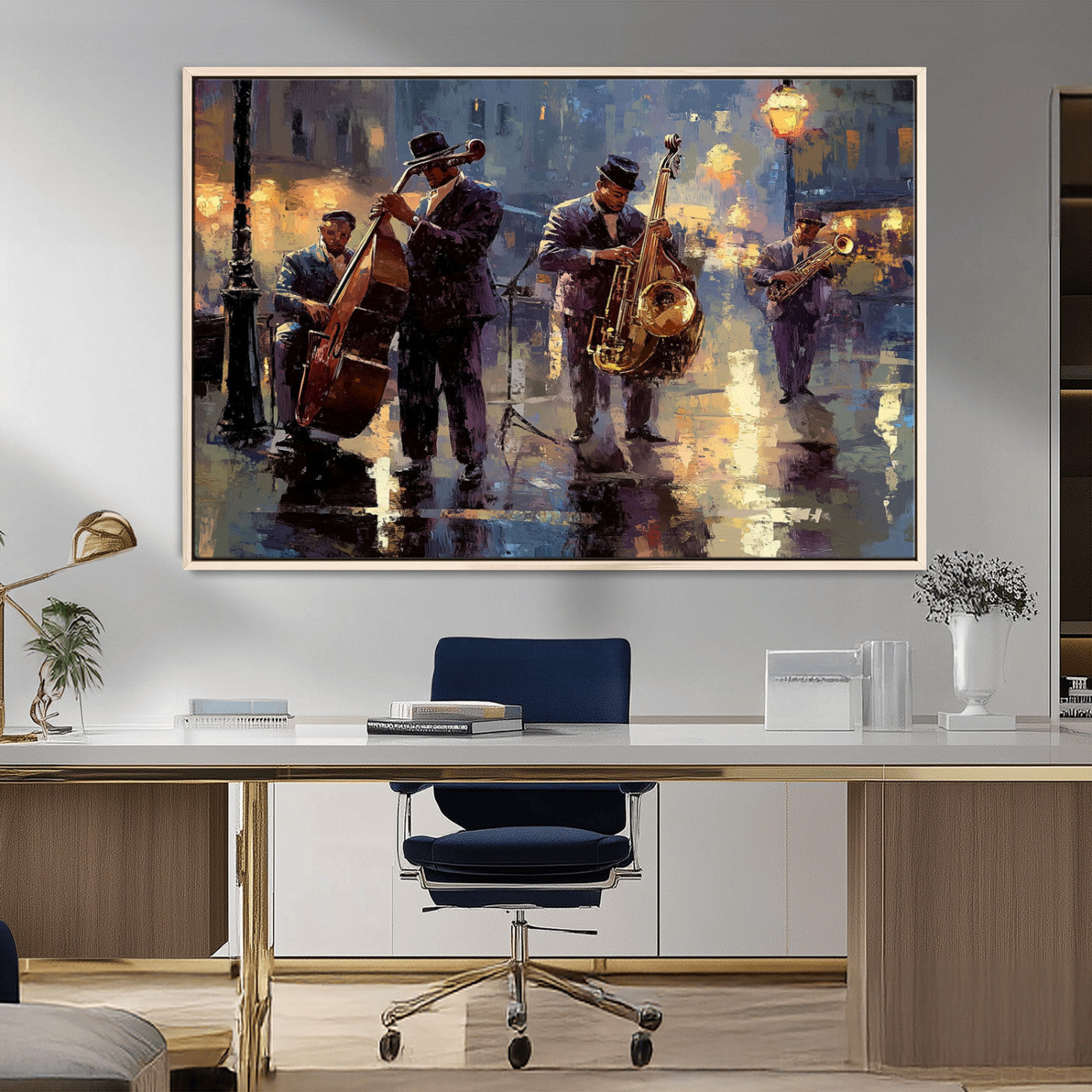 79232-MGV-CV-36X24-Jazz Night Street Musicians Wall Art – Vintage Oil Painting of a Live Jazz Band in Rainy City, Perfect Canvas Print Decor for