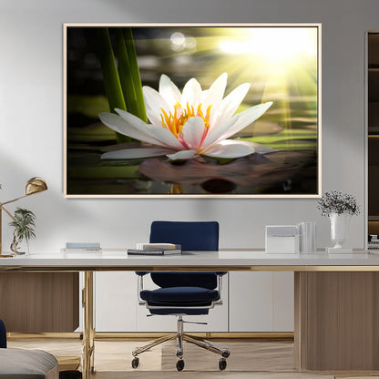 40478-MGV-FC-36X24_Natural-Water Lily Wall Art – White Lotus Flower Canvas Print with Sunlight Reflection, Serene Botanical Artwork for Living Room, Bedroom,