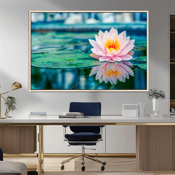 65933-MGV-FC-36X24_Natural-Pink Water Lily Wall Art – Lotus Flower Canvas Print with Reflection on Calm Water, Peaceful Botanical Artwork for Living Room,