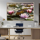 72218-MGV-CV-36X24-Water Lily Pond Wall Art – Pink Lotus Flowers Canvas Print with Green Lily Pads, Peaceful Botanical Artwork for Living Room,
