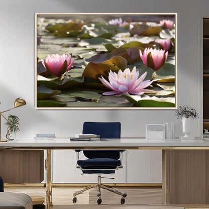 72218-MGV-CV-36X24-Water Lily Pond Wall Art – Pink Lotus Flowers Canvas Print with Green Lily Pads, Peaceful Botanical Artwork for Living Room,