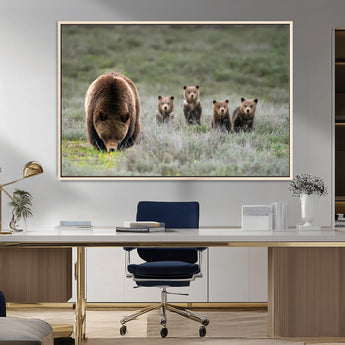 40555-MGV-FC-36X24_Natural-Bear Family Wall Art – Wildlife Canvas Print of Mother Bear with Four Cubs in Nature, Rustic Animal Artwork for Living Room,