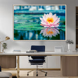 30320-MGV-FC-36X24_Natural-Pink Water Lily Wall Art – Lotus Flower Canvas Print with Reflection Water, Peaceful Botanical Artwork for Living Room, Bedroom,