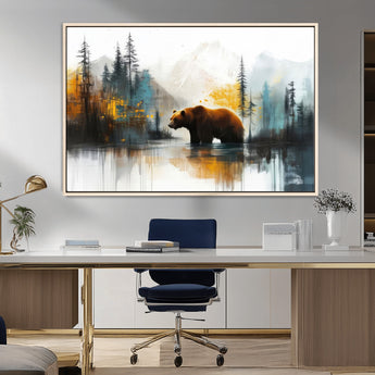 50308-MGV-CV-36X24-Abstract Rustic Bear Wall Art – Forest and Mountain Scene Canvas Print, Nature Artwork for Modern Farmhouse or Log Cabin Decor