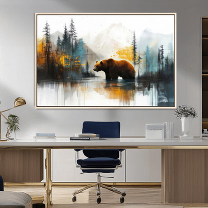 50308-MGV-FC-36X24_Natural-Bear Wilderness Wall Art – Mountain Forest Canvas Print, Rustic Cabin Decor with Wildlife Landscape, Nature Artwork for Lodge,