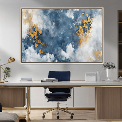 39575-MGV-FC-36X24_Natural-Blue and Gold Abstract Wall Art – Modern Canvas Print Featuring Cloudy Textures with Metallic Accents, Contemporary Artwork for