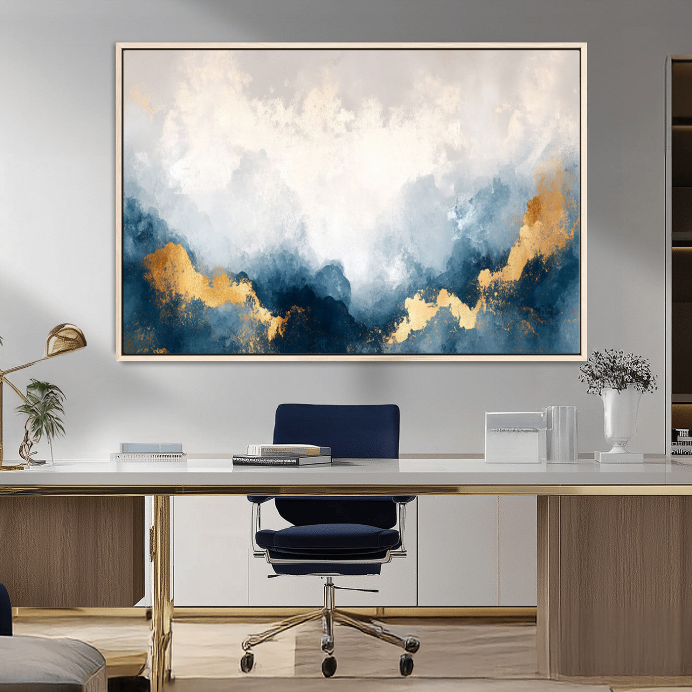 14578-MGV-CV-36X24-Abstract Wall Art – Modern Canvas Print Featuring Blue and White Clouds with Golden Accents, Contemporary Elegant Artwork for