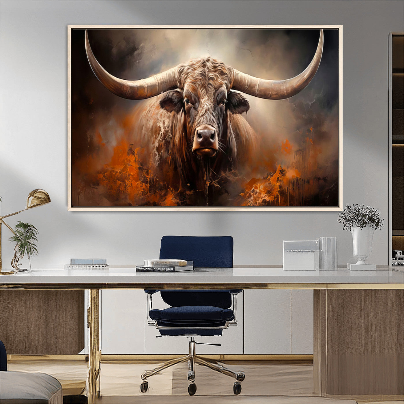240479-MGV-FC-36X24_Natural-Longhorn Bull Wall Art – Dramatic Western Canvas Print Featuring Horned Bull with Fiery Background, Rustic Farmhouse Artwork for