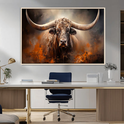 240479-MGV-FC-36X24_Natural-Longhorn Bull Wall Art – Dramatic Western Canvas Print Featuring Horned Bull with Fiery Background, Rustic Farmhouse Artwork for