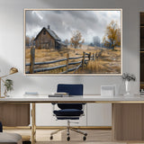 Farm1-MGV-CV-36X24-Rustic Autumn Farmhouse Wall Art – Serene Countryside Scene Canvas Print, Weathered Barn and Autumn Trees Decor for Living Room,