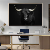 97914921-MGV-FC-36X24_Natural-Black Bull Wall Art Canvas Print, Framed Longhorn Bull Art Picture Print, Western Bull Perfect Monochrome Western Decor Artwork
