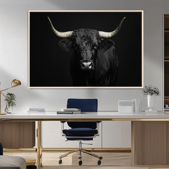 97914921-MGV-FC-36X24_Natural-Black Bull Wall Art Canvas Print, Framed Longhorn Bull Art Picture Print, Western Bull Perfect Monochrome Western Decor Artwork