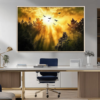 13776802-MGV-CV-36X24-Golden Forest Wall Art Canvas Print, Framed Sunset Pines Art Picture Print, Flying Birds Perfect Nature Glow Decor Artwork