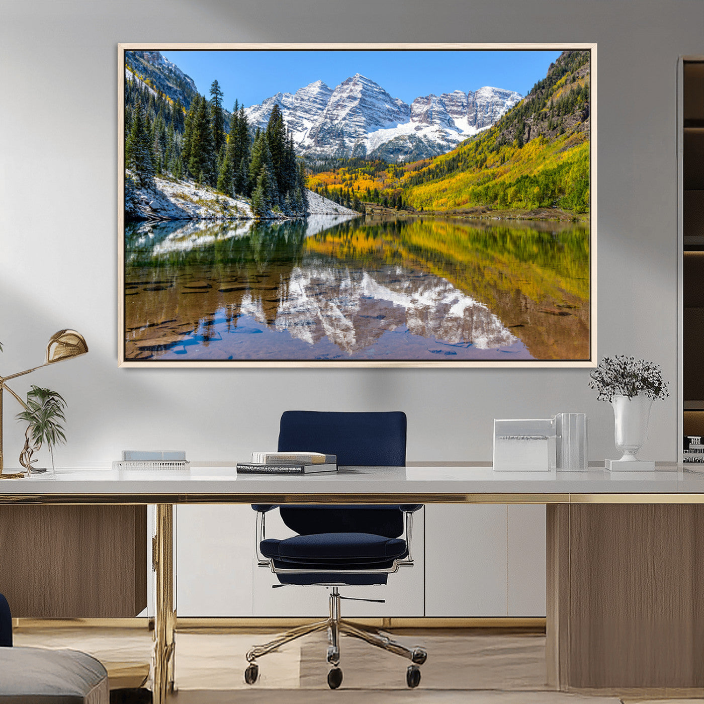 87724099-MGV-FC-36X24_Natural-Maroon Bells Wall Art Canvas Print, Framed Snowy Mountains Art Picture Print, Pine Forest Perfect Vibrant Alpine Decor Artwork