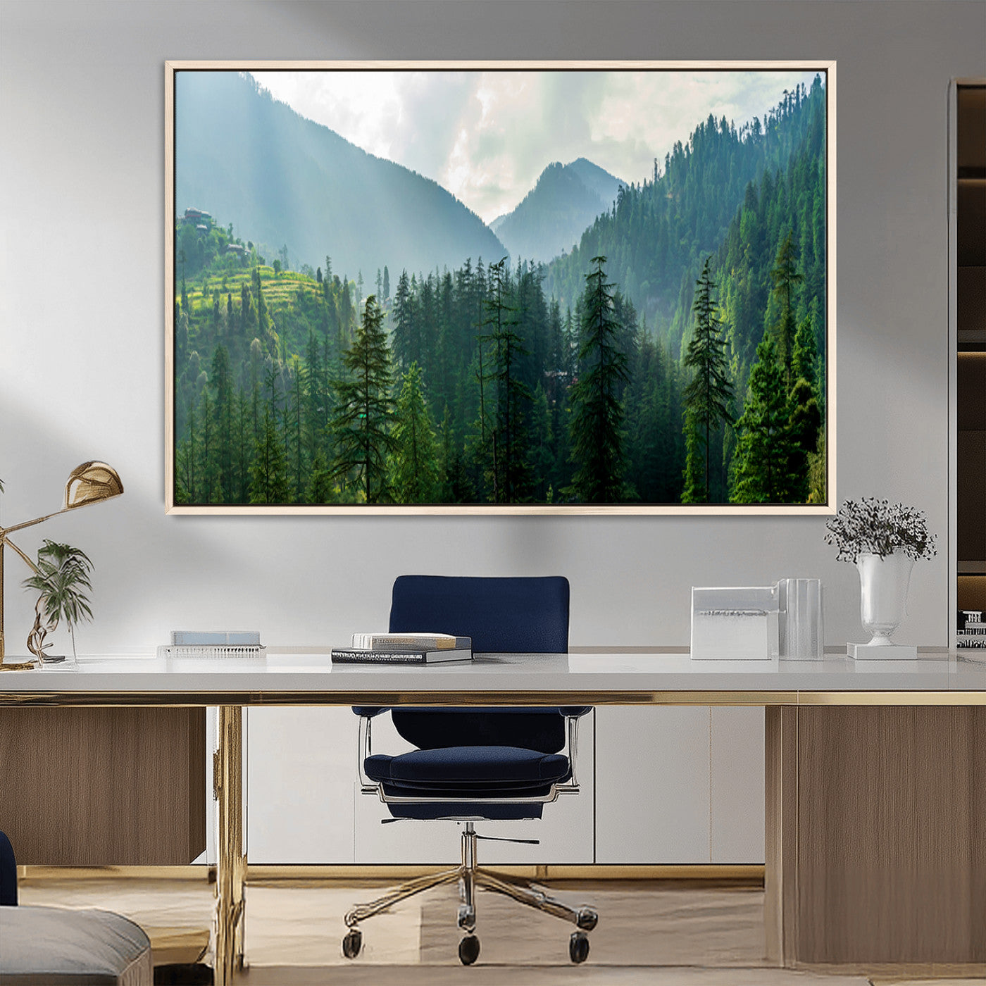 83417191-MGV-CV-36X24-Misty Mountain Forest Wall Art – Pine Tree Landscape Canvas Print, Nature Photography Panorama, Tranquil Green Forest Décor for