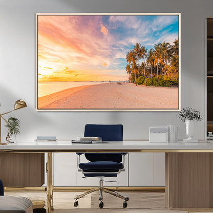 41542880-MGV-FC-36X24_Natural-Tropical Beach Wall Art Canvas Print, Framed Palm Trees Art Picture Print, Sunset Shore Perfect Tropical Coastal Decor Artwork
