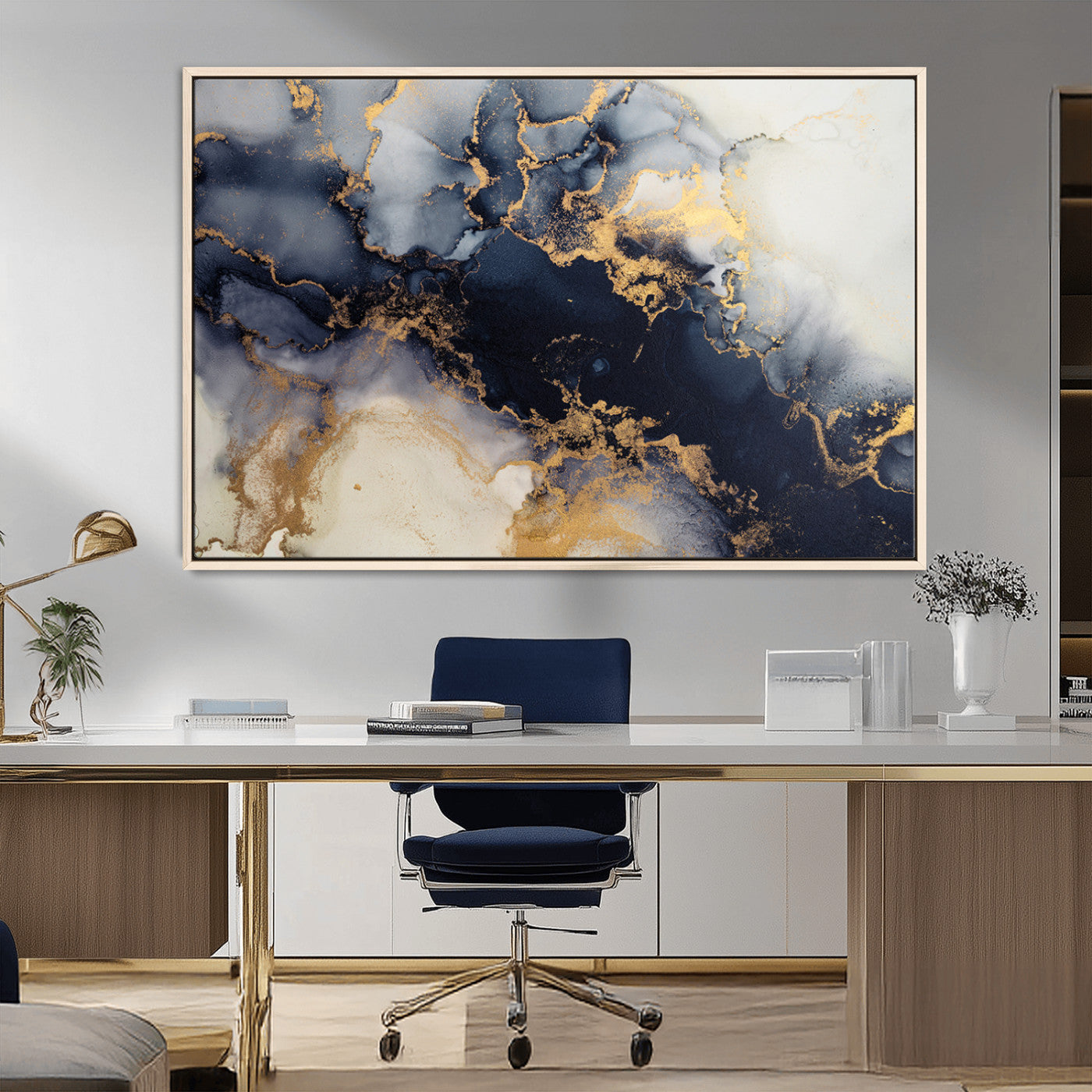 41136487-MGV-CV-36X24-Black Marble Wall Art Canvas Print, Framed Gold Veins Art Picture Print, Abstract Texture Perfect Moody Luxe Decor Artwork