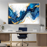 33506371-MGV-CV-36X24-Blue Marble Wall Art Canvas Print, Framed Gold Splash Art Picture Print, Abstract Wave Perfect Modern Luxe Decor Artwork
