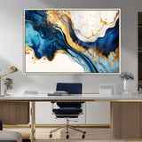 60283636-MGV-FC-36X24_Natural-Blue Gold Flow Wall Art Canvas Print, Framed Marble Texture Art Picture Print, Elegant Splash Perfect Elegant Abstract Decor