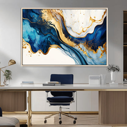 60283636-MGV-FC-36X24_Natural-Blue Gold Flow Wall Art Canvas Print, Framed Marble Texture Art Picture Print, Elegant Splash Perfect Elegant Abstract Decor