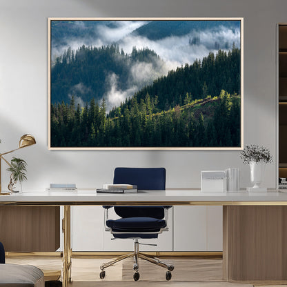 84598503-MGV-CV-36X24-Misty Forest Wall Art Canvas Print, Framed Pine Hills Art Picture Print, Moody Hills Perfect Moody Woodland Decor Artwork