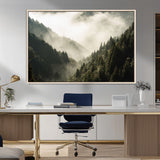 57570237-MGV-CV-36X24-Misty Valley Wall Art Canvas Print, Framed Foggy Forest Art Picture Print, Pine Trees Perfect Moody Woodland Decor Artwork