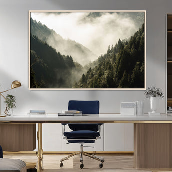 57570237-MGV-CV-36X24-Misty Valley Wall Art Canvas Print, Framed Foggy Forest Art Picture Print, Pine Trees Perfect Moody Woodland Decor Artwork
