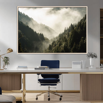 57570237-MGV-CV-36X24-Misty Valley Wall Art Canvas Print, Framed Foggy Forest Art Picture Print, Pine Trees Perfect Moody Woodland Decor Artwork
