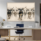 61538944-MGV-FC-36X24_Natural-Texas Longhorn Wall Art Canvas Print, Framed Cattles Walking Art Picture Print, Black White Bulls Perfect Rustic Western Decor
