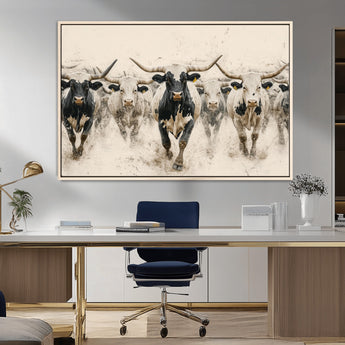 61538944-MGV-FC-36X24_Natural-Texas Longhorn Wall Art Canvas Print, Framed Cattles Walking Art Picture Print, Black White Bulls Perfect Rustic Western Decor