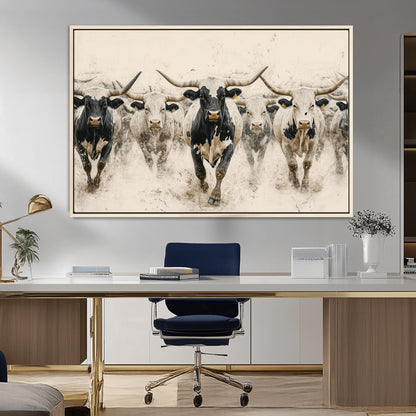 61538944-MGV-FC-36X24_Natural-Texas Longhorn Wall Art Canvas Print, Framed Cattles Walking Art Picture Print, Black White Bulls Perfect Rustic Western Decor
