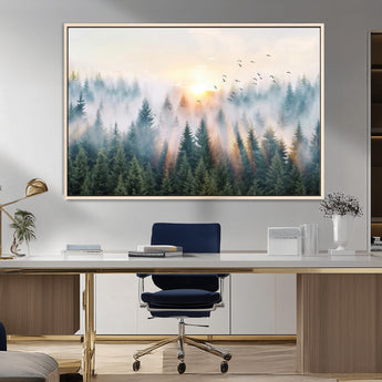 92718976-MGV-CV-36X24-Misty Forest Wall Art Canvas Print, Framed Sunrise Pines Art Picture Print, Foggy Woodland Perfect Moody Woodland Decor Artwork
