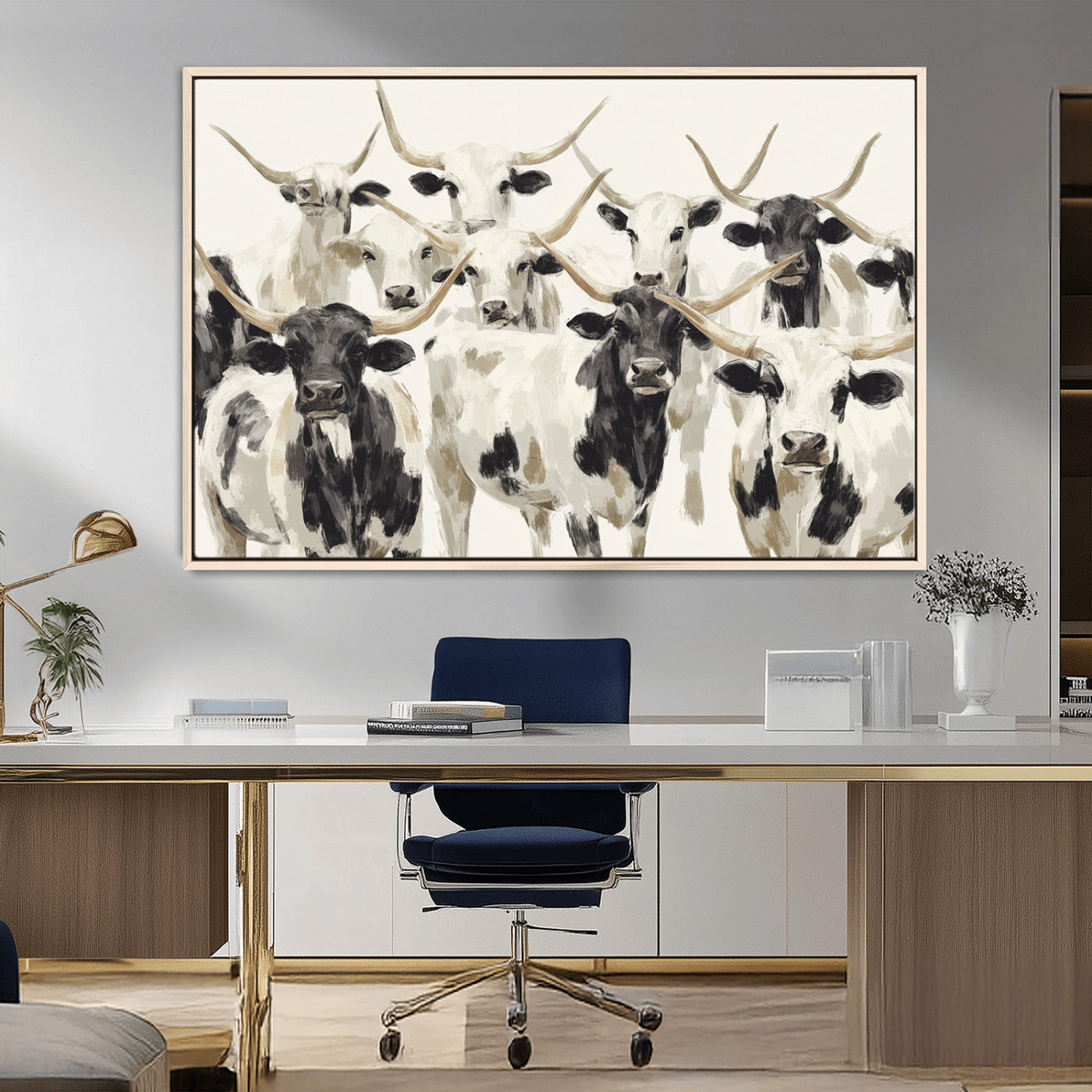 52947970-MGV-CV-36X24-Texas Longhorn Wall Art Canvas Print, Framed Cattle Herd Art Picture Print, Herd Portrait Perfect Modern Farmhouse Decor Artwork